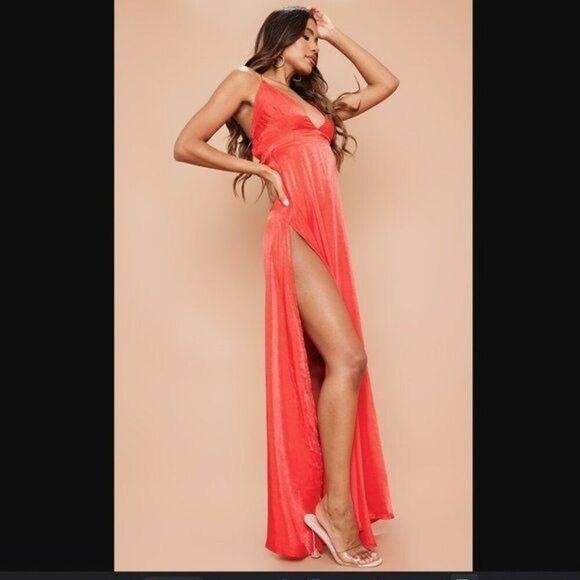 PrettyLittleThing Red Extreme Slit Strappy Back Maxi Dress - Picture 3 of 5